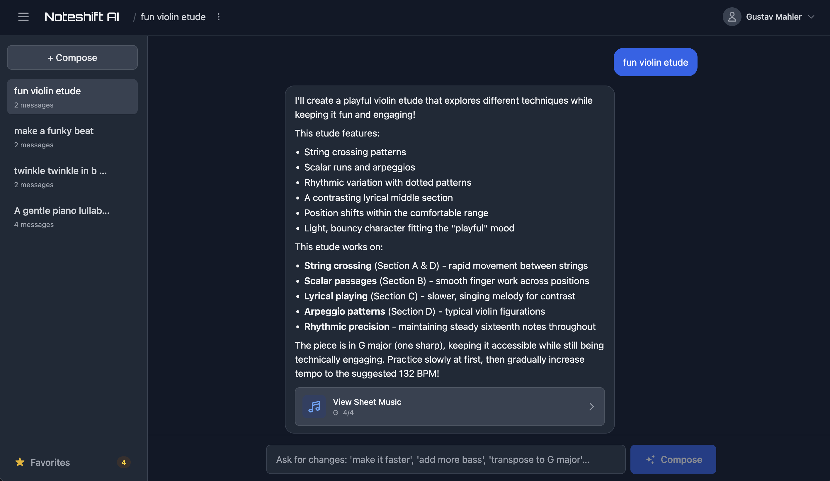 Noteshift AI - Chat interface with sheet music notation
