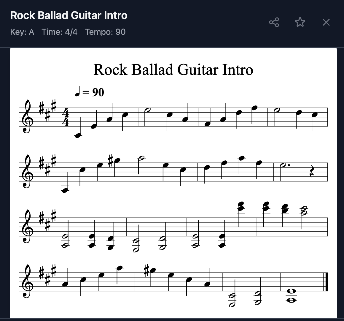 Generated sheet music notation with playback controls